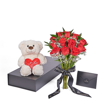 Valentine's Day 12 Stem Red Rose Bouquet With Box & Bear, plush, roses, Valentine's day gifts, Canada Same Day Flower Delivery. Blooms Canada - Blooms Canada Delivery