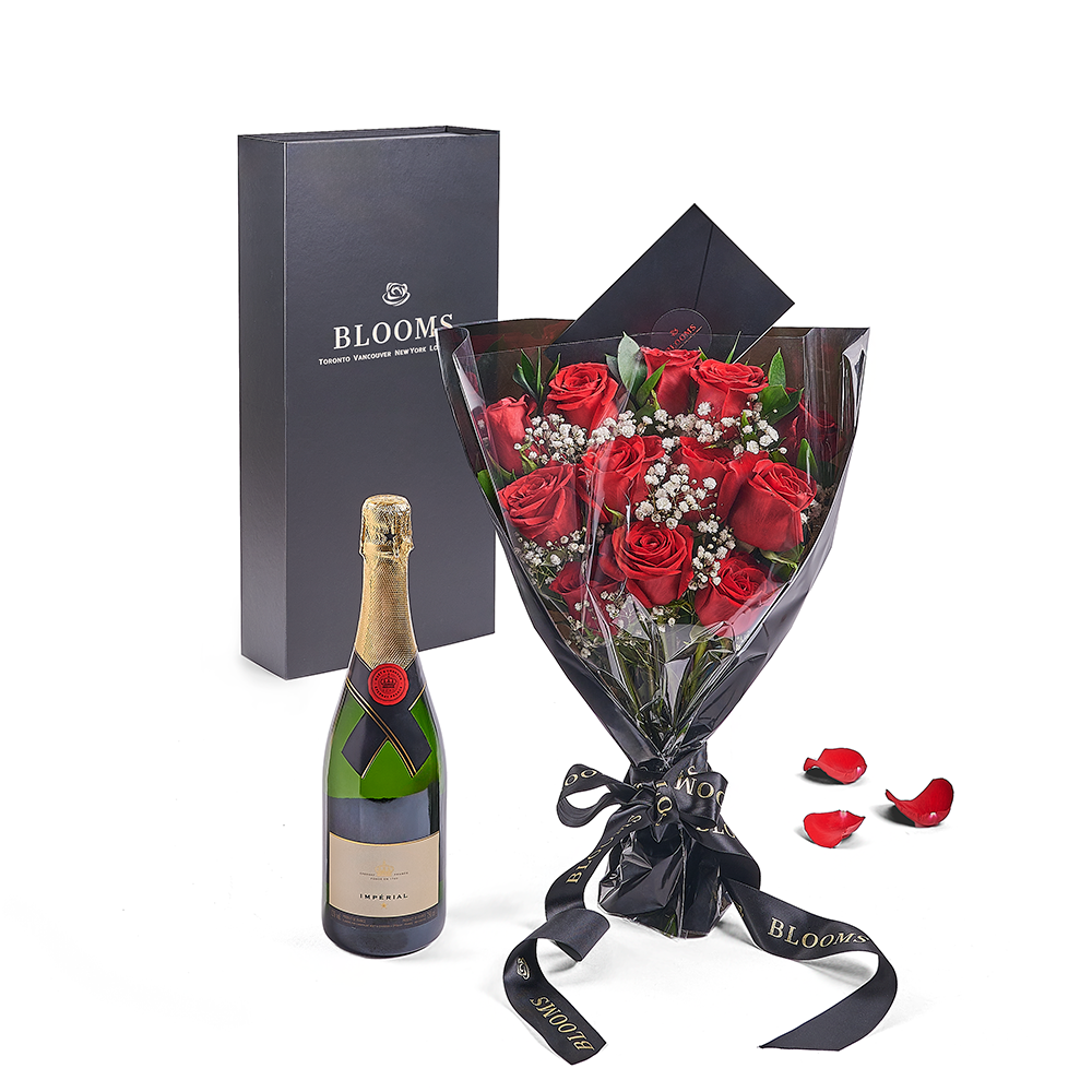 Valentine’s Day 12 Stem Red Rose Bouquet With Box &amp; Champagne, Valentine's day gifts, – Canada Blooms - Canada Delivery