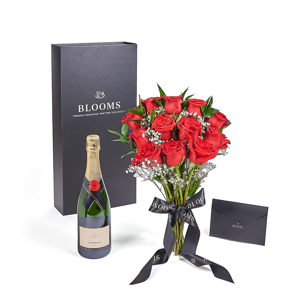 Valentine’s Day 12 Stem Red Rose Bouquet With Box & Champagne, Valentine's day gifts, – Canada Blooms - Canada Delivery