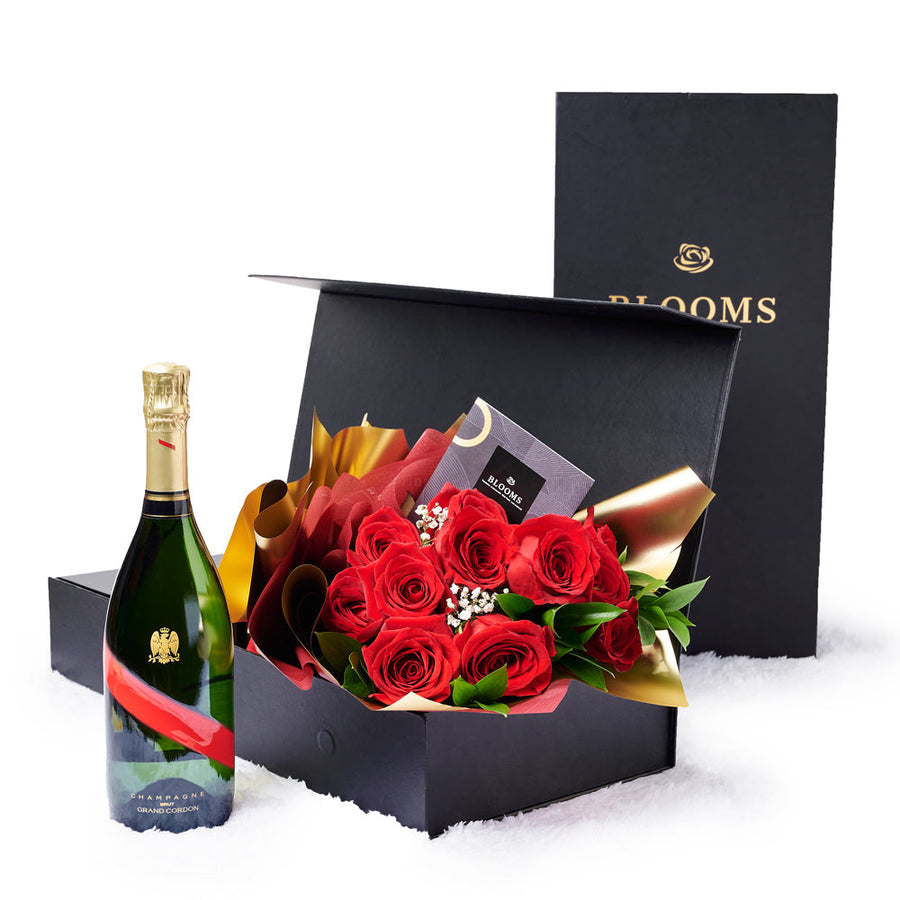 Valentine’s Day 12 Stem Red Rose Bouquet With Box & Champagne, Valentine's day gifts, Canada Same Day Flower Delivery, sparkling wine], Blooms Canada-Blooms Canada Delivery