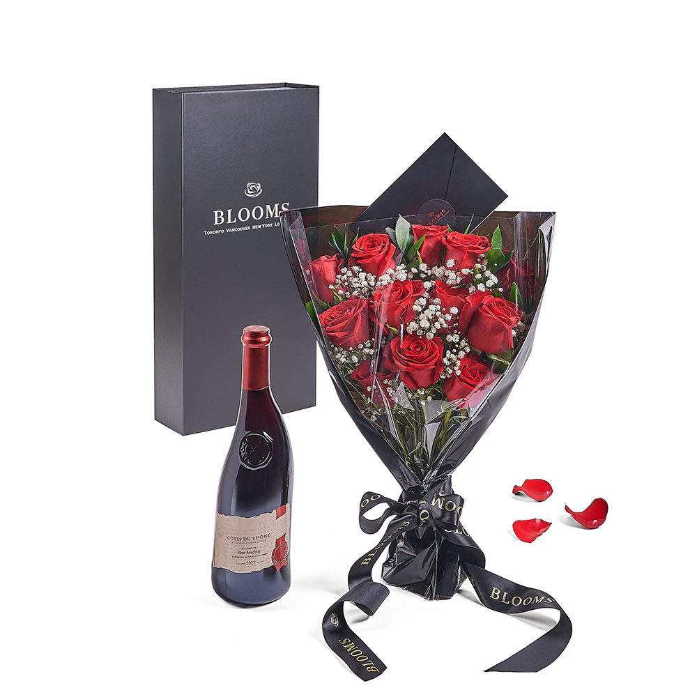 Valentine's Day 12 Stem Red Rose Bouquet With Box &amp; Wine, roses, wine, Valentine's day gifts, Canada Same Day Flower Delivery – Canada Blooms - Canada Delivery