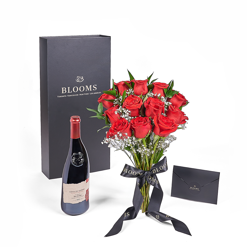 Valentine's Day 12 Stem Red Rose Bouquet With Box & Wine, roses, wine, Valentine's day gifts, Canada Same Day Flower Delivery. – Canada Blooms - Canada Delivery
