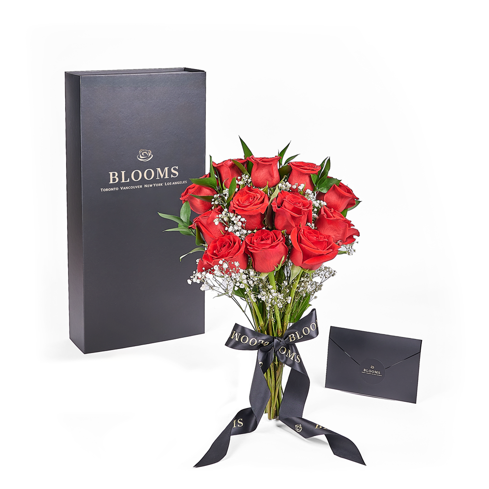 Valentine's Day 12 Stem Red Rose Bouquet With Designer Box, valentines day gift, valentines, rose gift, rose, flower gift, flower, – Canada Blooms - Canada Delivery