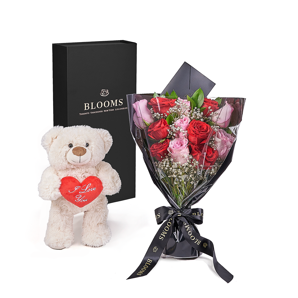 Valentine's Day 12 Stem Red &amp; Pink Rose Bouquet With Box &amp; Bear, – Canada Blooms - Canada Delivery