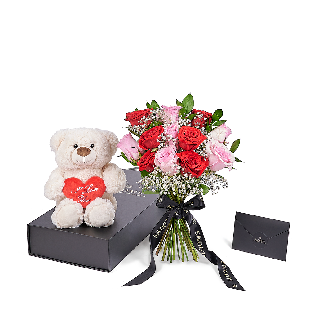 Valentine's Day 12 Stem Red & Pink Rose Bouquet With Box & Bear – Canada Blooms - Canada Delivery