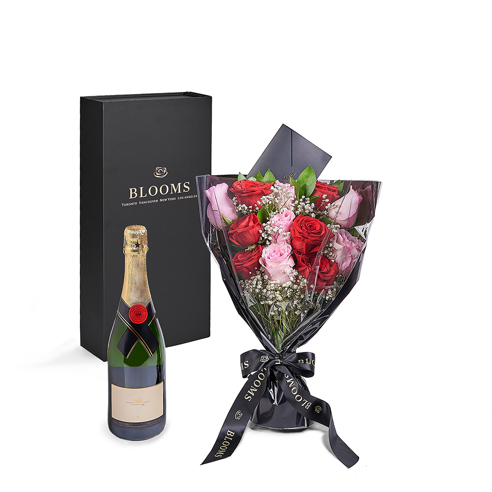 Valentine’s Day 12 Stem Red & Pink Rose Bouquet With Box & Champagne, Canada Same Day Flower Delivery, Valentine's Day gifts, roses.– Canada Blooms - Canada Delivery