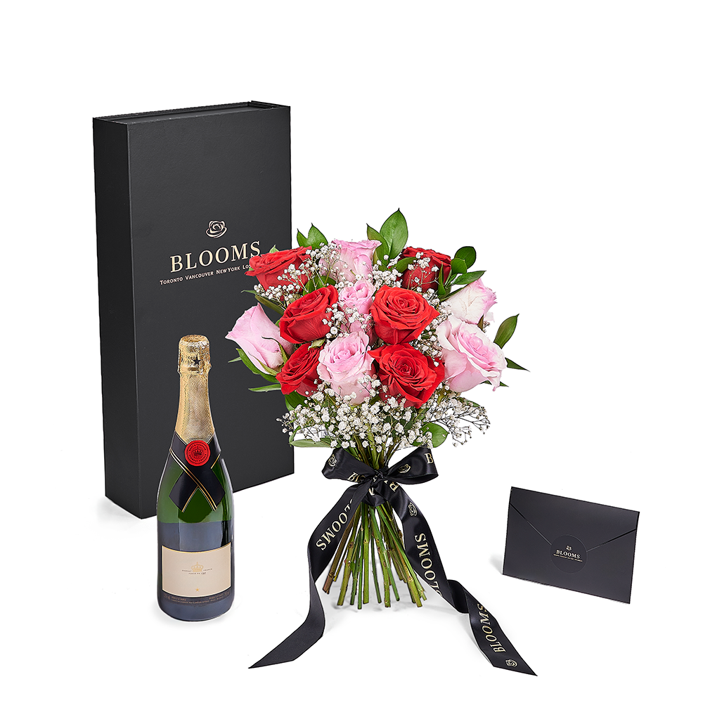 Valentine’s Day 12 Stem Red & Pink Rose Bouquet With Box & Champagne, Canada Same Day Flower Delivery, Valentine's Day gifts, roses. – Canada Blooms - Canada Delivery