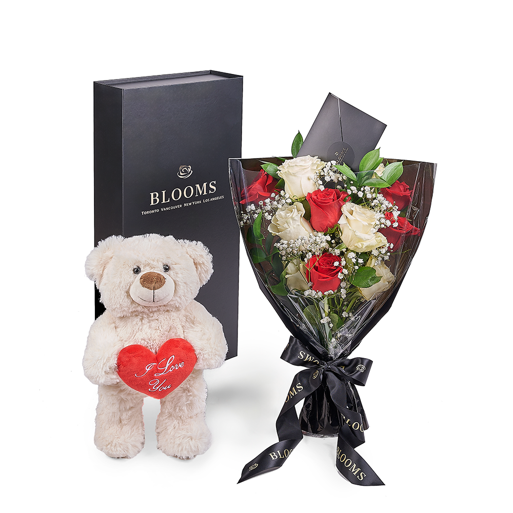 Valentine's Day 12 Stem Red &amp; White Bouquet With Box &amp; Bear, – Canada Blooms - Canada Delivery