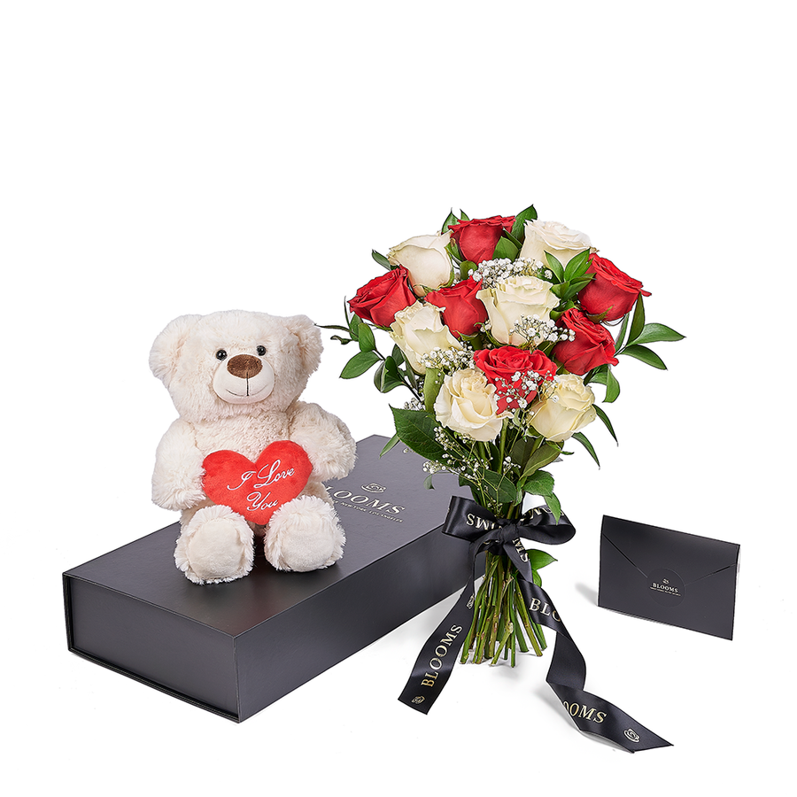 Valentine's Day 12 Stem Red & White Bouquet With Box & Bear