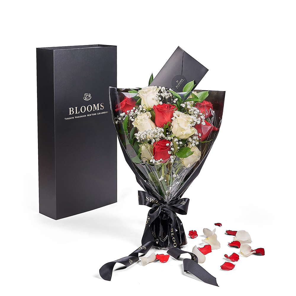 Valentine's Day 12 Stem Red & White Rose Bouquet With Box, – Canada Blooms - Canada Delivery