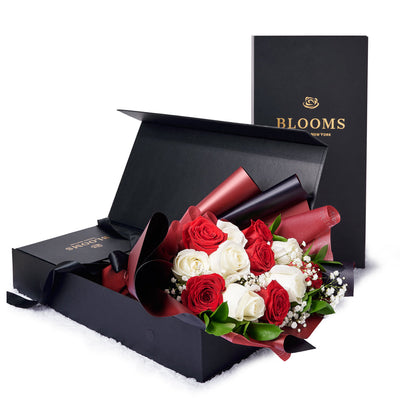 Valentine's Day 12 Stem Red & White Rose Bouquet With Box, Blooms Canada Delivery