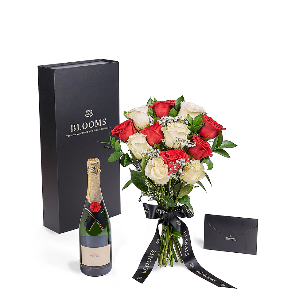Valentine's Day 12 Stem Red & White Rose Bouquet With Box & Champagne, Valentine's Day gifts, roses, champagne gifts, – Canada Blooms - Canada Delivery