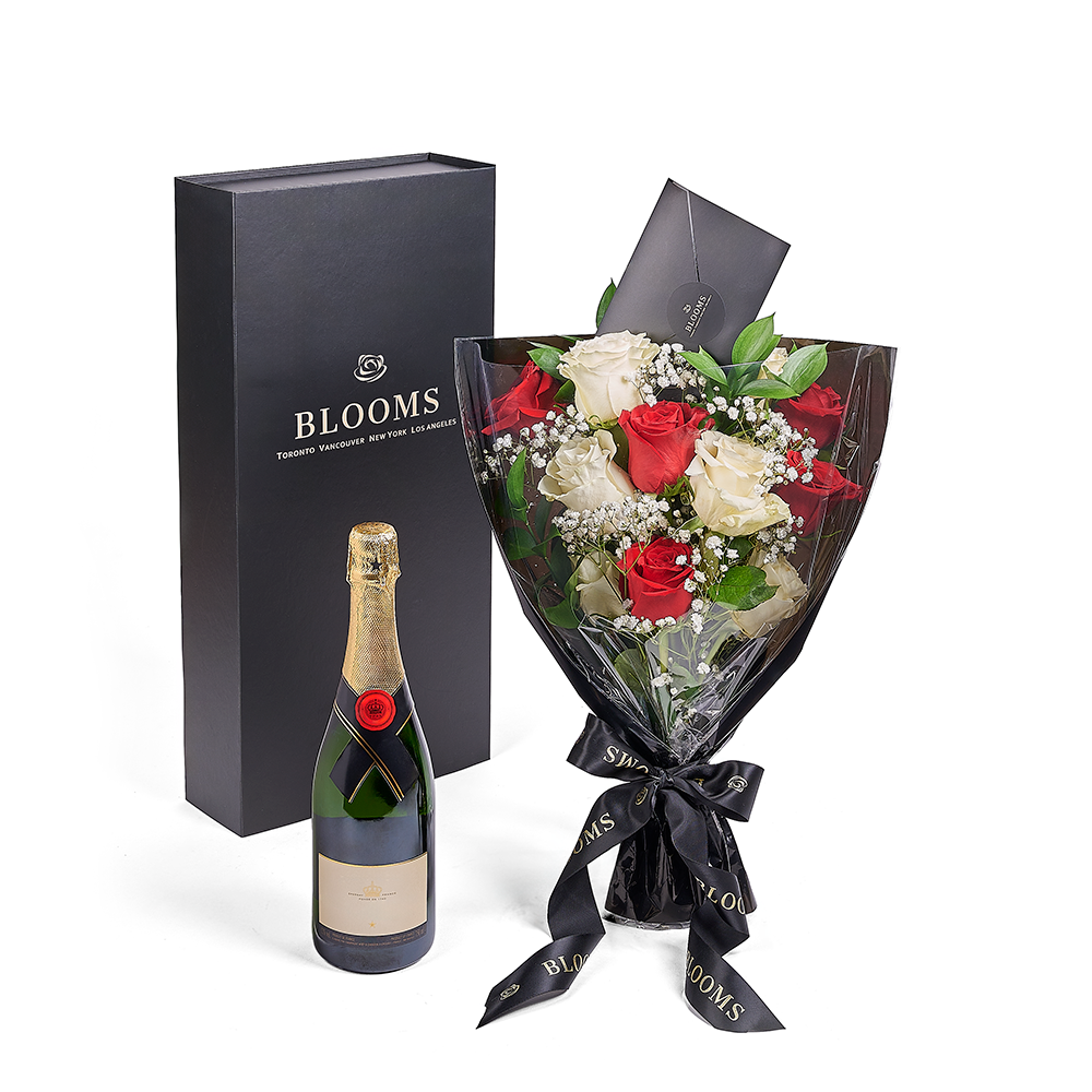 Valentine's Day 12 Stem Red &amp; White Rose Bouquet With Box &amp; Champagne, Valentine's Day gifts, roses, champagne gifts, – Canada Blooms - Canada Delivery