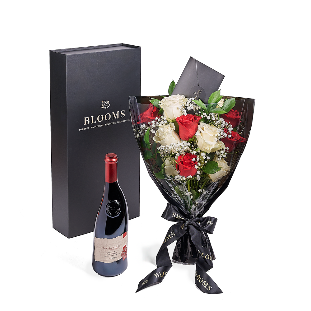 Valentine’s Day 12 Stem Red &amp; White Rose Bouquet With Box &amp; Wine, Valentine's Day gifts, roses, wine gifts, – Canada Blooms - Canada Delivery
