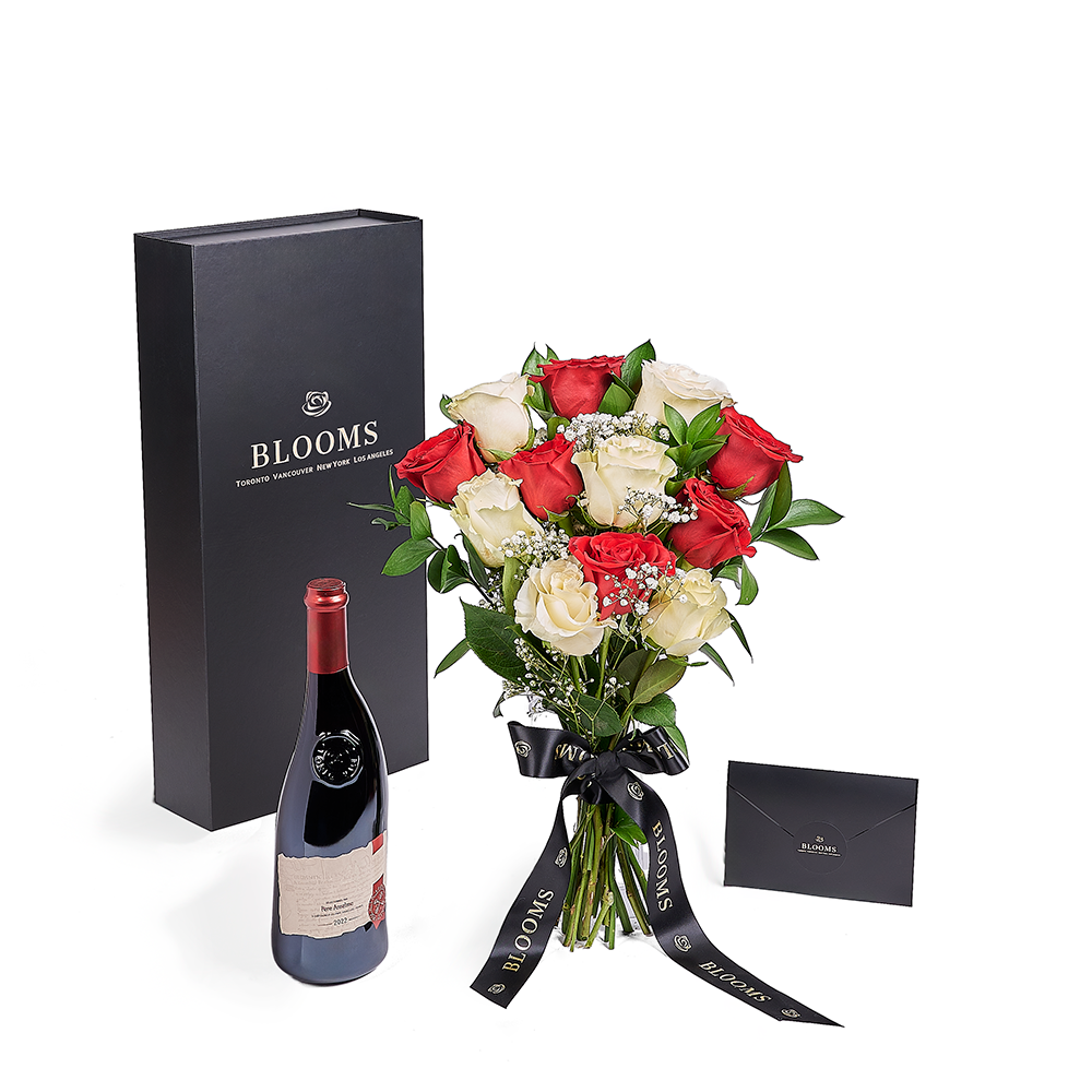 Valentine’s Day 12 Stem Red & White Rose Bouquet With Box & Wine, Valentine's Day gifts, roses, wine gifts,– Canada Blooms - Canada Delivery