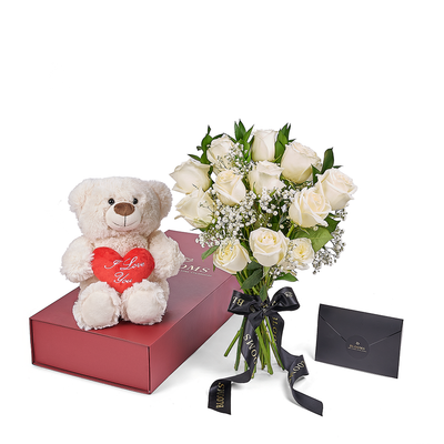 Valentine’s Day 12 Stem White Rose Bouquet With Box & Bear, Valentine's Day gifts, plush gifts, roses gifts, Canada Same Day Flower Delivery, Blooms Canada Delivery