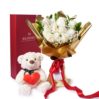 Valentine’s Day 12 Stem White Rose Bouquet With Box & Bear, Valentine's Day gifts, plush gifts, roses gifts, Canada Same Day Flower Delivery, Blooms Canada Delivery