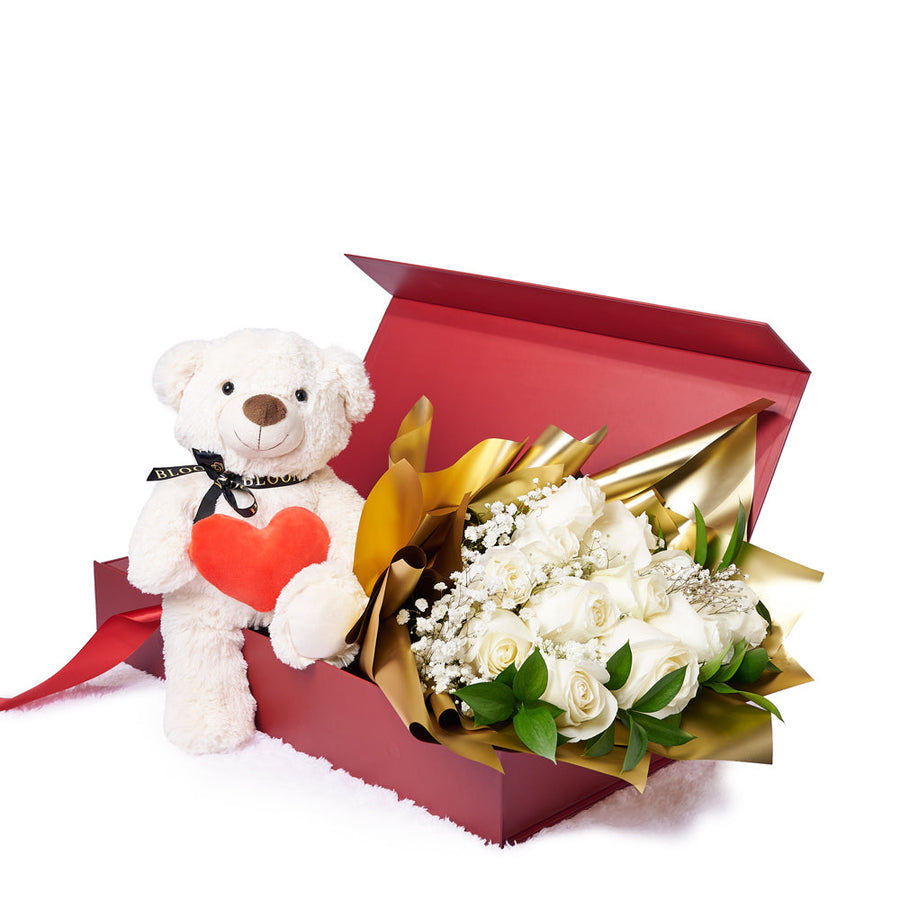 Valentine’s Day 12 Stem White Rose Bouquet With Box & Bear, Valentine's Day gifts, plush gifts, roses gifts, Canada Same Day Flower Delivery, Blooms Canada Delivery