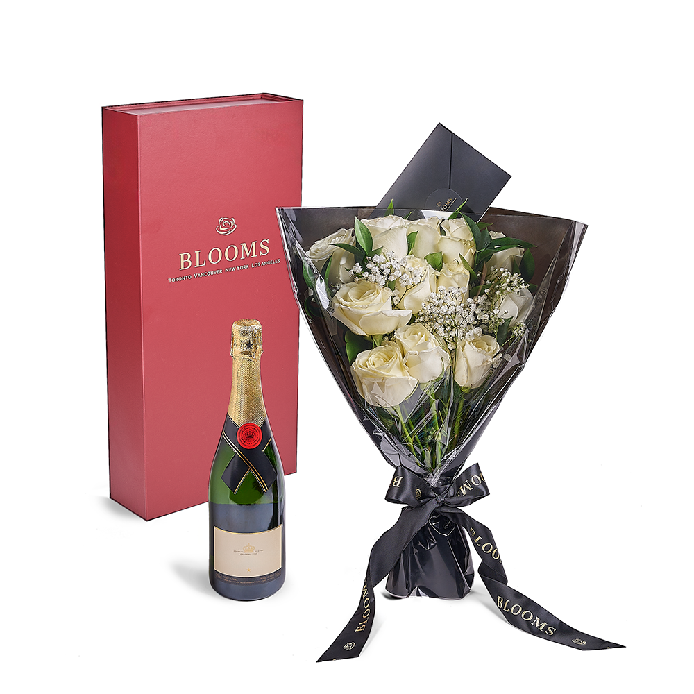 Valentine’s Day 12 Stem White Rose Bouquet With Box & Champagne, Valentine's Day gifts, Canada Same Day Flower Delivery, roses, – Canada Blooms - Canada Delivery
