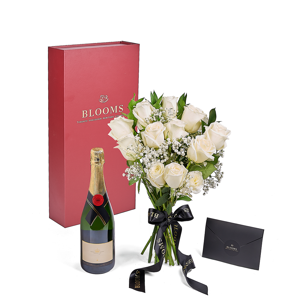 Valentine’s Day 12 Stem White Rose Bouquet With Box & Champagne, Valentine's Day gifts, Canada Same Day Flower Delivery, roses, – Canada Blooms - Canada Delivery