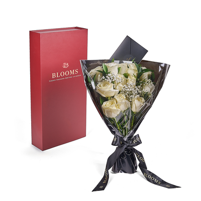 Valentine's Day 12 Stem White Rose Bouquet With Designer Box, Canada Same Day Flower Delivery, Valentine's Day gifts, roses. Blooms Canada- Blooms Canada Delivery