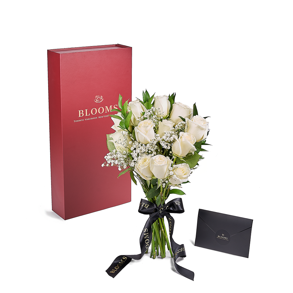 Valentine's Day 12 Stem White Rose Bouquet With Designer Box, Canada Same Day Flower Delivery, Valentine's Day gifts, roses. – Canada Blooms - Canada Delivery