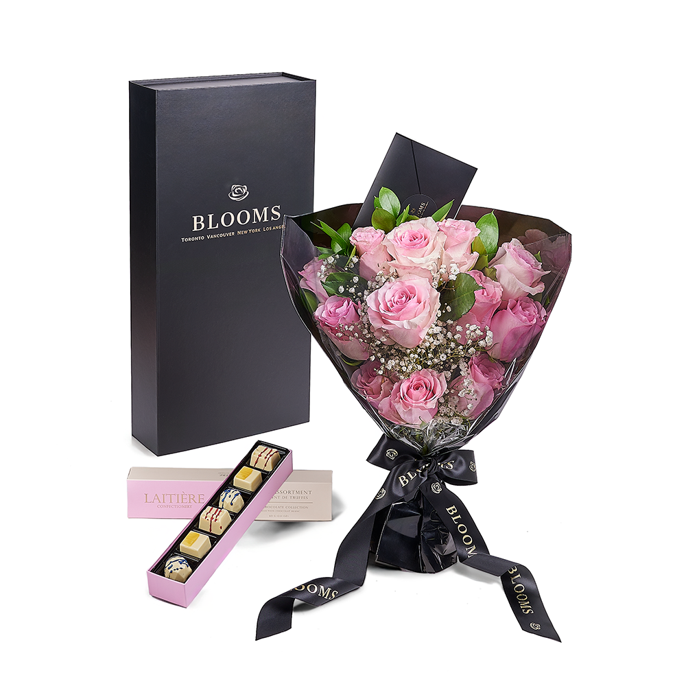 Valentine’s Day Dozen Pink Rose Bouquet With Box & Chocolate, Canada Same Day Flower Delivery, Valentine's Day gifts, bouquets, pink roses, – Canada Blooms - Canada Delivery