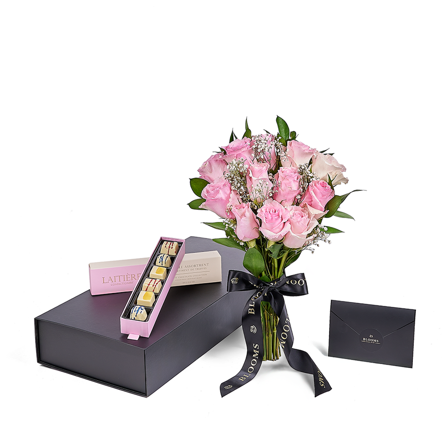 Valentine’s Day Dozen Pink Rose Bouquet With Box & Chocolate