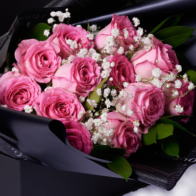 Valentine’s Day Dozen Pink Rose Bouquet With Box & Chocolate, Canada Same Day Flower Delivery, Valentine's Day gifts, bouquets, pink roses, Blooms Canada Delivery