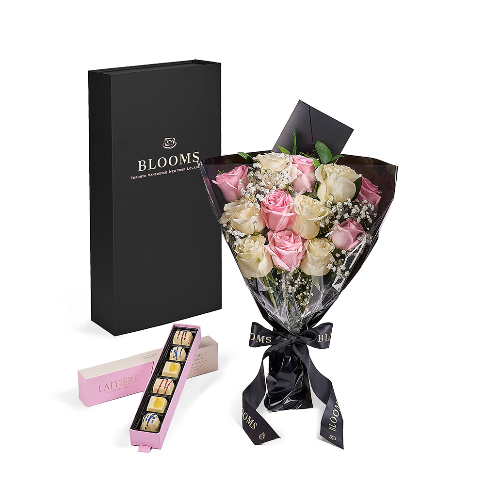 Valentine’s Day Dozen Pink & White Rose Bouquet With Box & Chocolate, valentines day gift, valentines day, chocolate gift, chocolate, rose gift, rose, – Canada Blooms - Canada Delivery