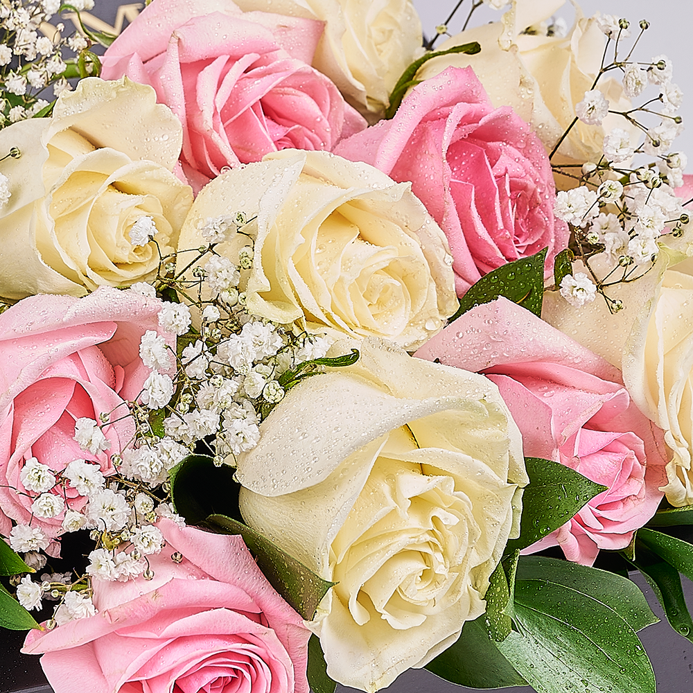 Valentine’s Day Dozen Pink & White Rose Bouquet With Box & Chocolate, valentines day gift, valentines day, chocolate gift, chocolate, rose gift, rose, – Canada Blooms - Canada Delivery