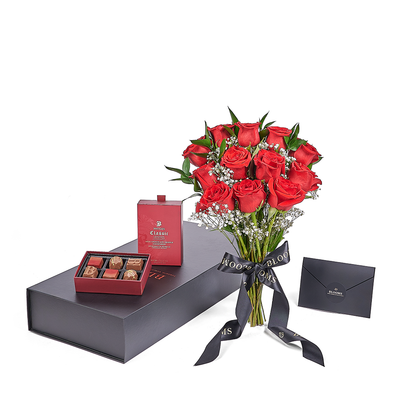 Valentine’s Day Dozen Red Rose Bouquet With Box & Chocolate, Valentine's Day gifts, roses, Canada Same Day Flower Delivery, Blooms Canada Delivery