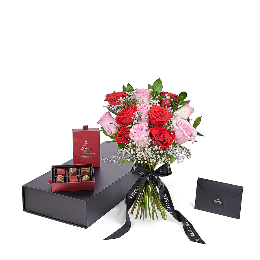 Valentine’s Day Dozen Red & Pink Rose Bouquet With Box & Chocolate, Canada Same Day Flower Delivery, Valentine's Day gifts, Blooms Canada Delivery