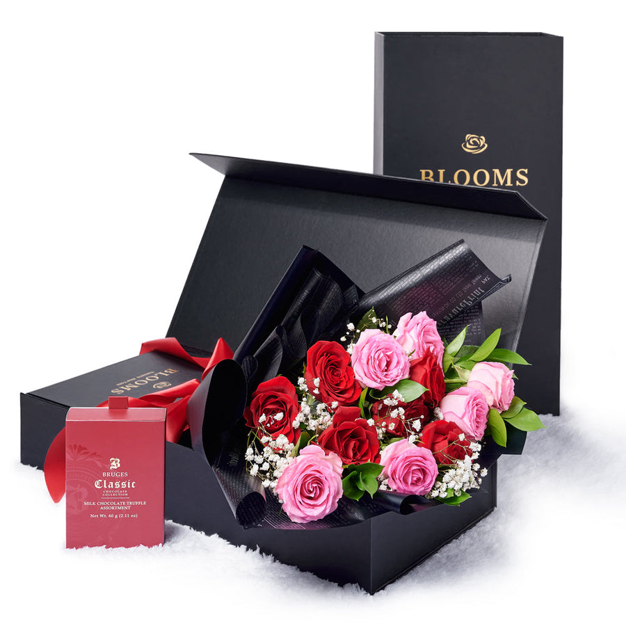 Valentine’s Day Dozen Red & Pink Rose Bouquet With Box & Chocolate, Canada Same Day Flower Delivery, Valentine's Day gifts, Blooms Canada Delivery