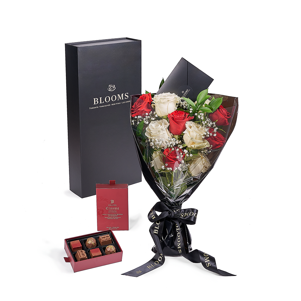 Valentine’s Day Dozen Red &amp; White Rose Bouquet With Box &amp; Chocolate, Valentine's Day gifts, – Canada Blooms - Canada Delivery