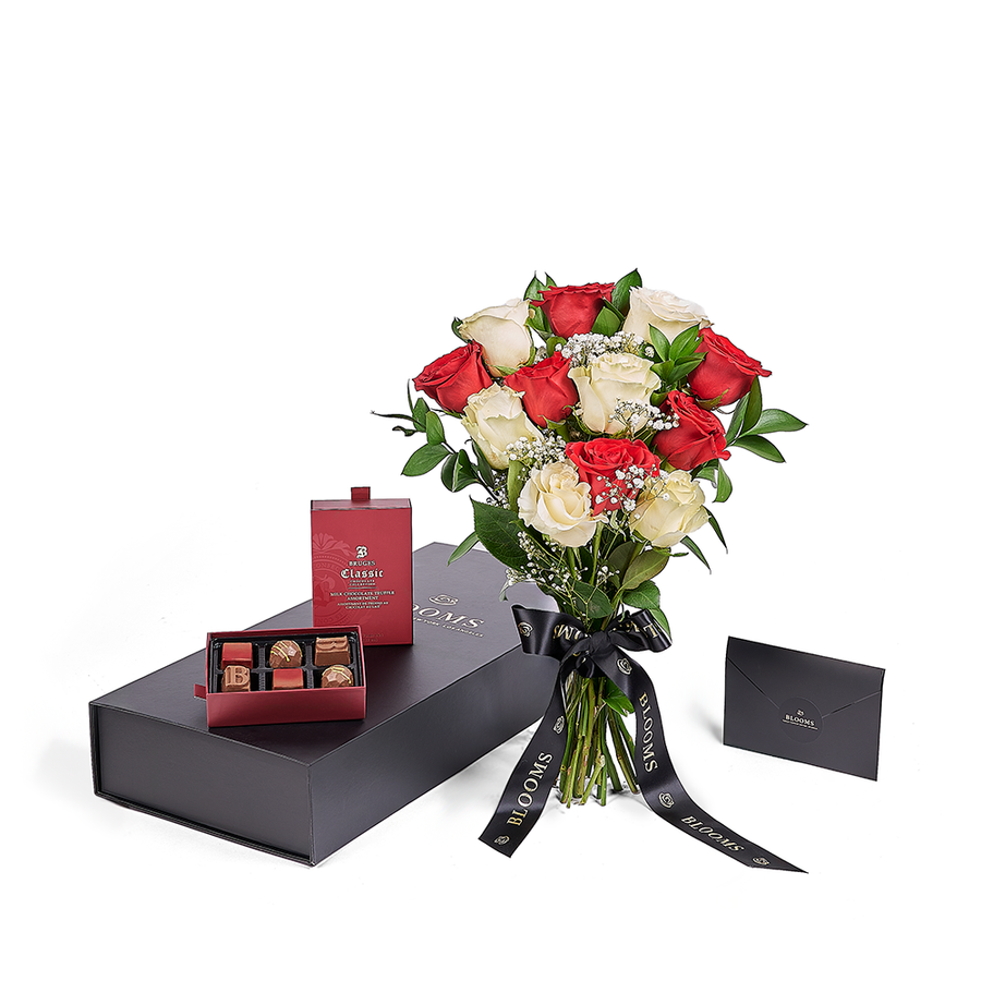 Valentine’s Day Dozen Red & White Rose Bouquet With Box & Chocolate