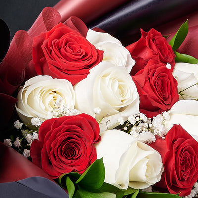 Valentine’s Day Dozen Red & White Rose Bouquet With Box & Chocolate, Valentine's Day gifts, Canada Same Day Flower Delivery, roses, Blooms Canada Delivery