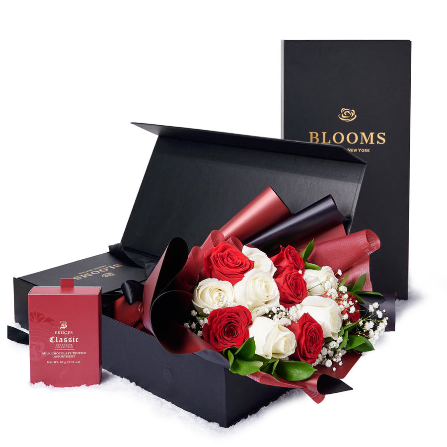 Valentine’s Day Dozen Red & White Rose Bouquet With Box & Chocolate