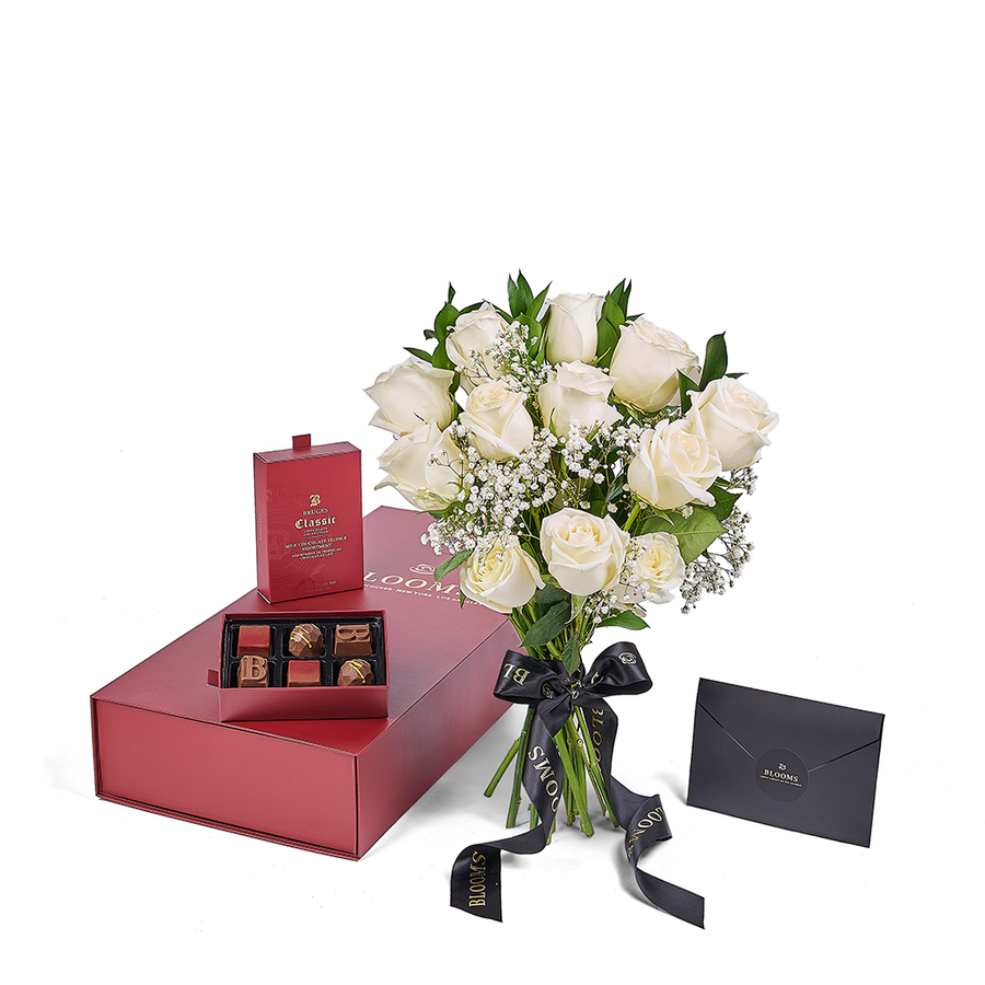 Valentine’s Day Dozen White Rose Bouquet With Box & Chocolate, Valentine's Day gifts, roses, chocolate gifts, Canada Same Day Flower Delivery, Blooms Canada Delivery