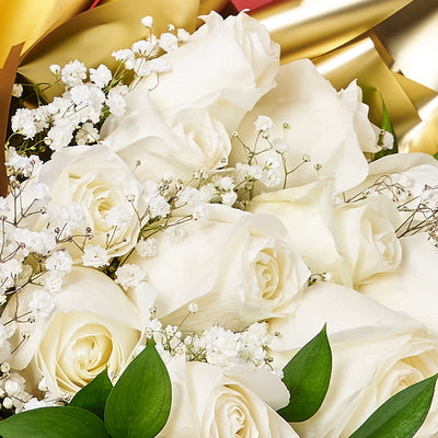 Valentine’s Day Dozen White Rose Bouquet With Box & Chocolate, Valentine's Day gifts, roses, chocolate gifts, Canada Same Day Flower Delivery, Blooms Canada Delivery