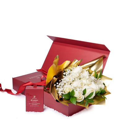Valentine’s Day Dozen White Rose Bouquet With Box & Chocolate, Valentine's Day gifts, roses, chocolate gifts, Canada Same Day Flower Delivery, Blooms Canada Delivery