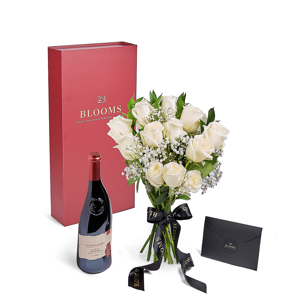 Valentine's Day Dozen White Rose Bouquet With Box & Wine, Canada Same Day Flower Delivery, flower gifts, Valentine's Day gifts, wine gifts. – Canada Blooms - Canada Delivery