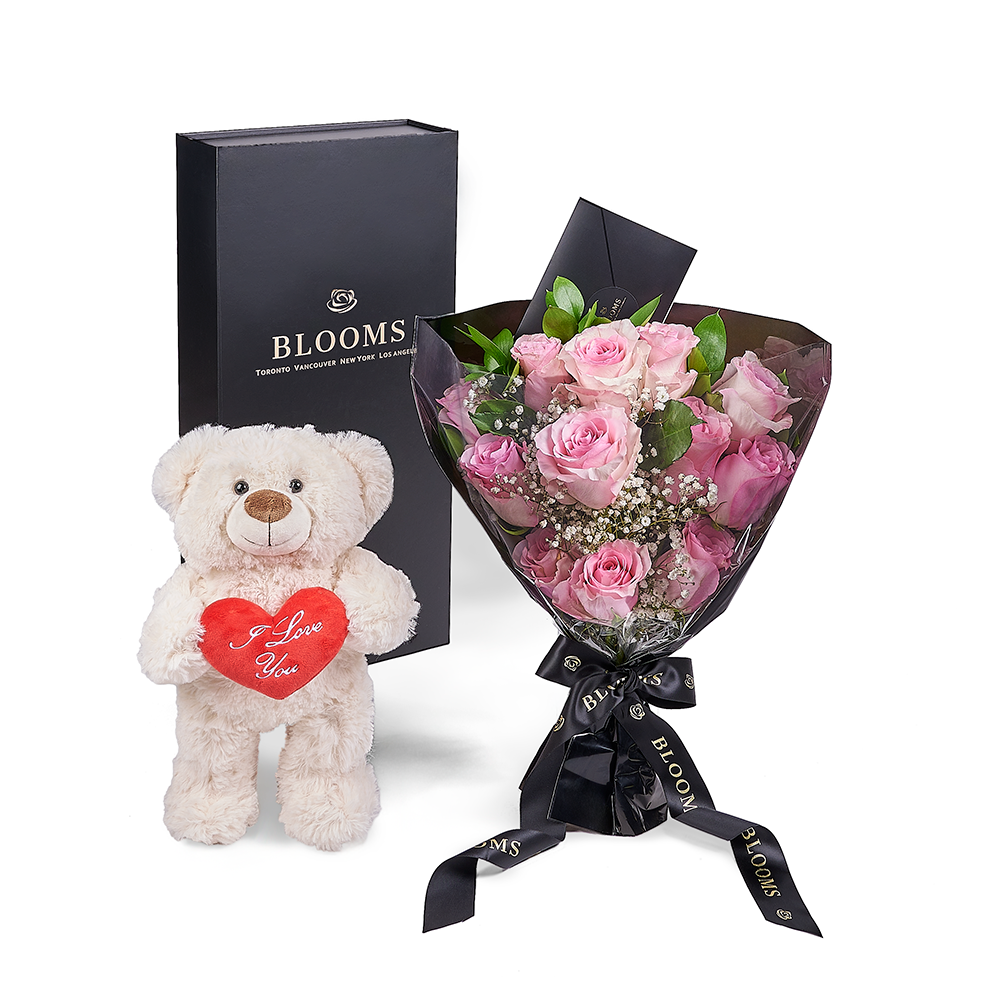 Valentine's Day 12 Stem Pink Rose Bouquet With Box & Bear, Valentine's Day gifts, Canada Same Day Flower Delivery, plush gifts. – Canada Blooms - Canada Delivery