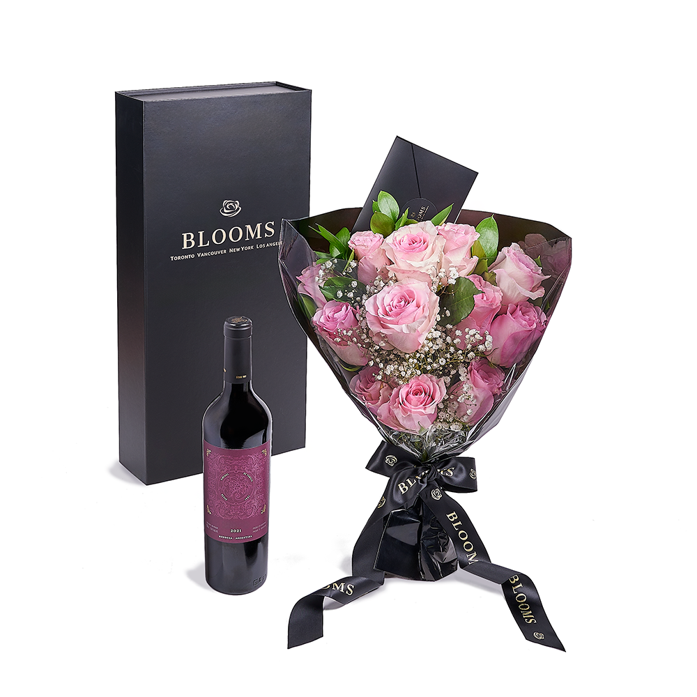 Valentine's Day 12 Stem Pink Rose Bouquet With Box & Wine, Canada Same Day Flower Delivery, Valentine's Day gifts, rose gifts, pink roses, wine gifts. – Canada Blooms - Canada Delivery
