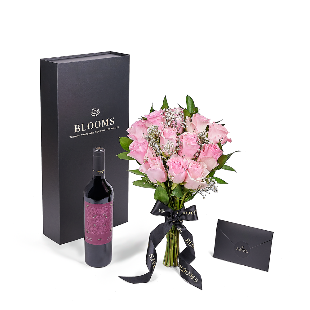 Valentine's Day 12 Stem Pink Rose Bouquet With Box & Wine, Canada Same Day Flower Delivery, Valentine's Day gifts, rose gifts, pink roses, wine gifts. – Canada Blooms - Canada Delivery