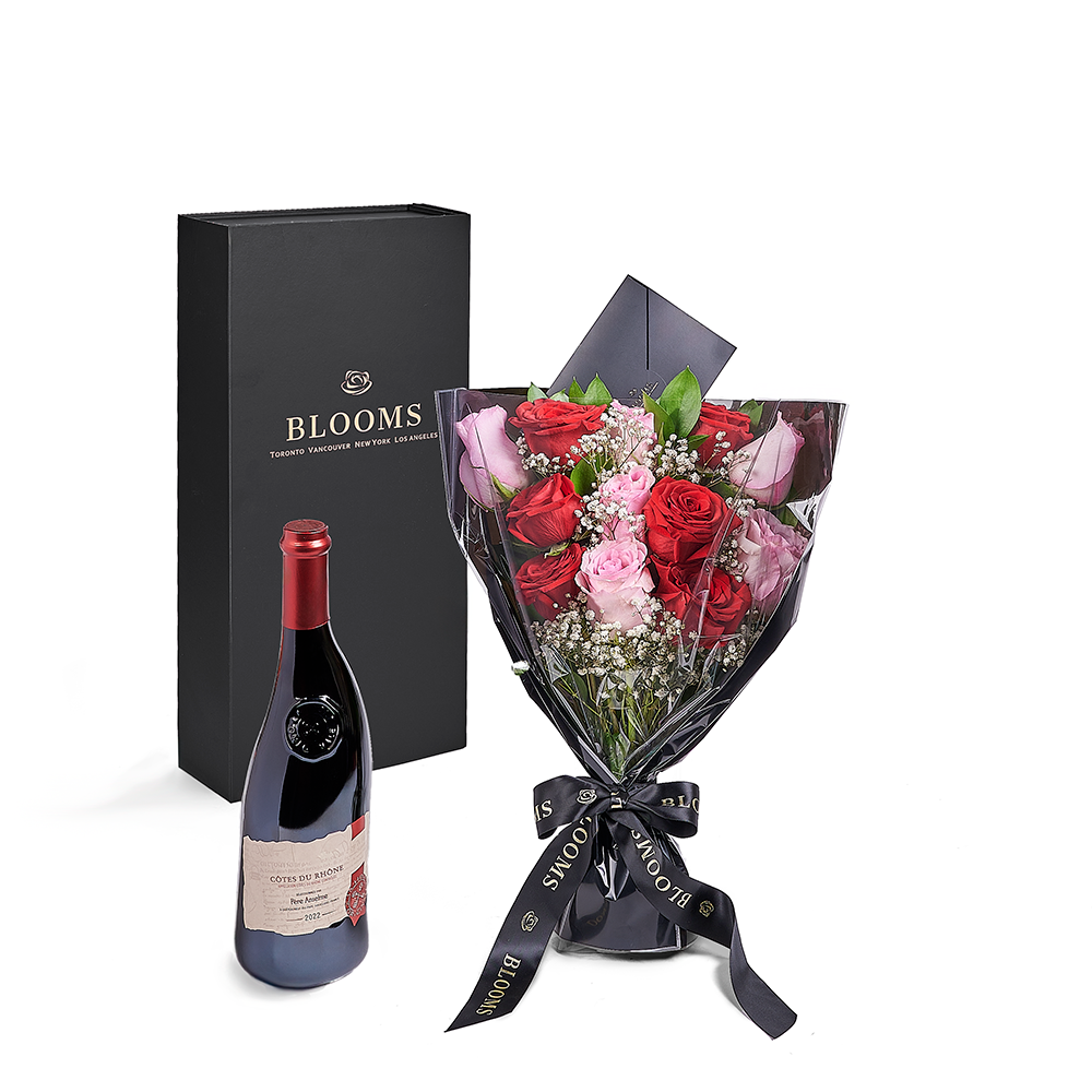 Valentine's Day 12 Stem Red &amp; Pink Rose Bouquet With Box &amp; Wine, Canada Same Day Flower Delivery, Valentine's Day gifts – Canada Blooms - Canada Delivery