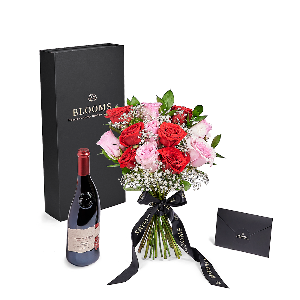 Valentine's Day 12 Stem Red & Pink Rose Bouquet With Box & Wine, Canada Same Day Flower Delivery, Valentine's Day gifts – Canada Blooms - Canada Delivery