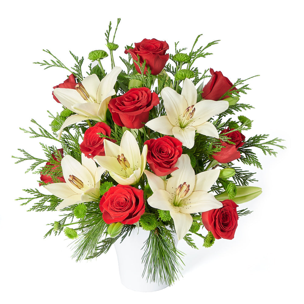 Winter Flower Arrangement, red roses, white lilies, and greenery in a pot, Flower Gifts from Canada Blooms - Canada Delivery
