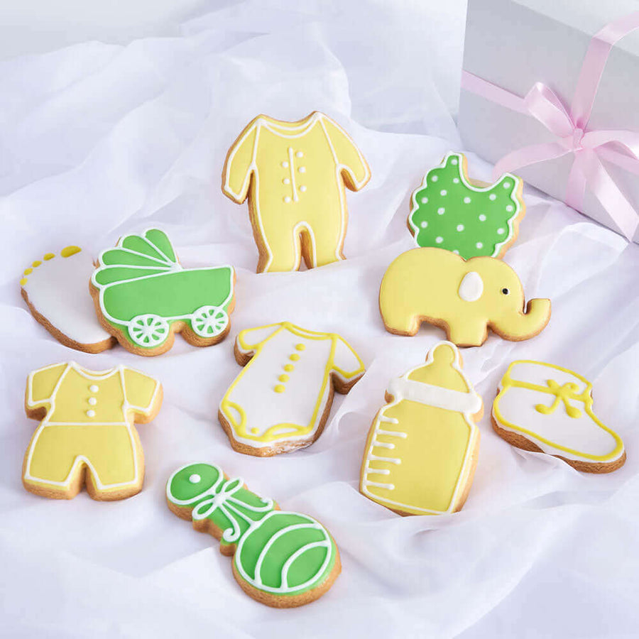 Yellow Welcome Baby Cookie Box, yellow cookies fresh-baked and hand-decorated cookies featuring baby-themed shapes, this set comes with 10 cookies, Baked goods from Blooms Canada - Same Day Canada Delivery.