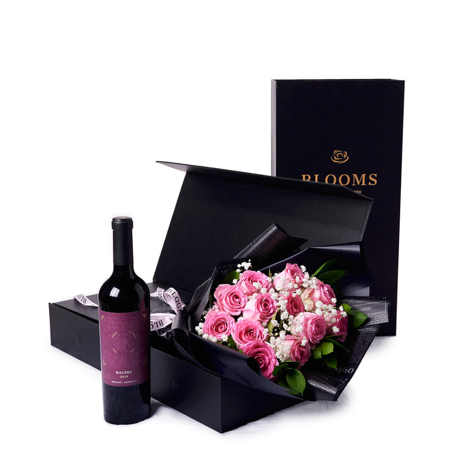 Valentine's Day 12 Stem Pink Rose Bouquet With Box & Wine, Canada Same Day Flower Delivery, Valentine's Day gifts, rose gifts, pink roses, wine gifts. Blooms Canada- Blooms Canada Delivery